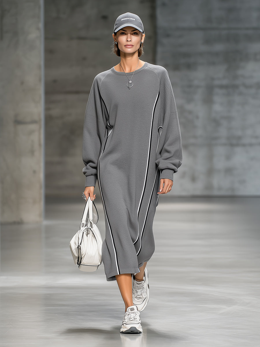 Fashionable Sporty Grey Crew Neck Patchwork Webbing Sweatshirt Midi Dress