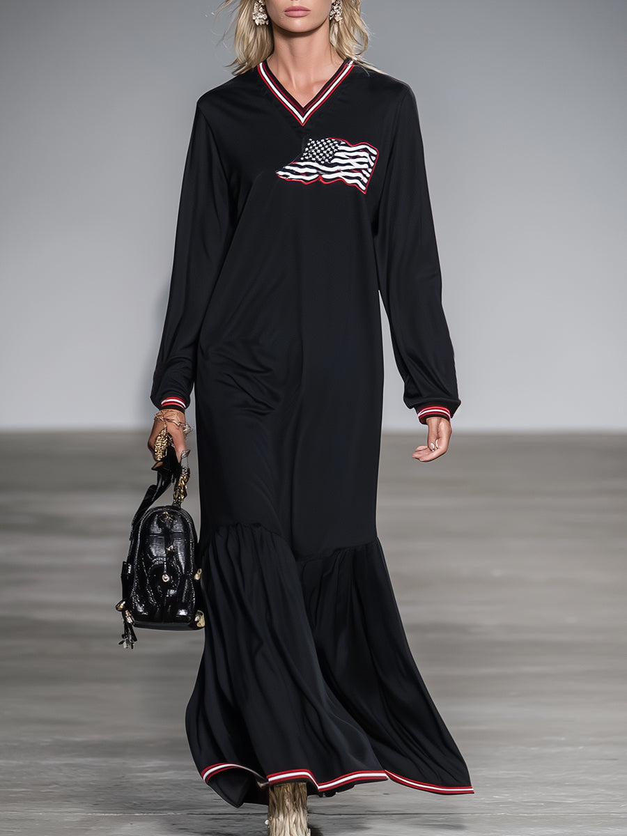 Casual Black V-neck With Red And White Ribbon And Flag Embroidery Maxi Dress