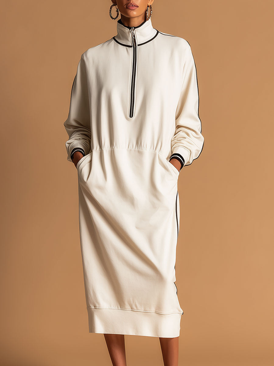 Sporty Retro-style Woven Off-white Cotton Blend Long-sleeved Midi Dress
