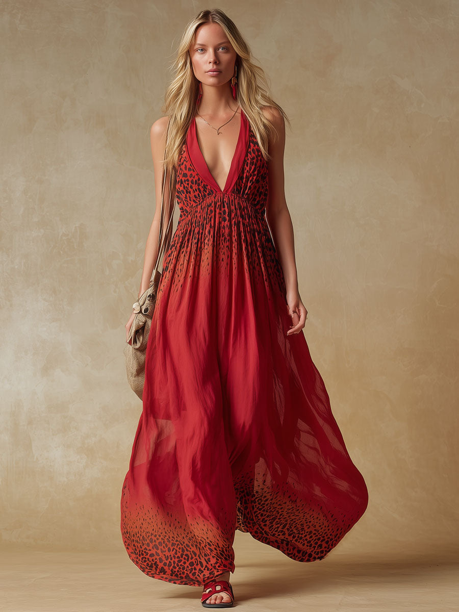 Gradient Leopard Print V-neck Chiffon Sleeveless Maxi Dress