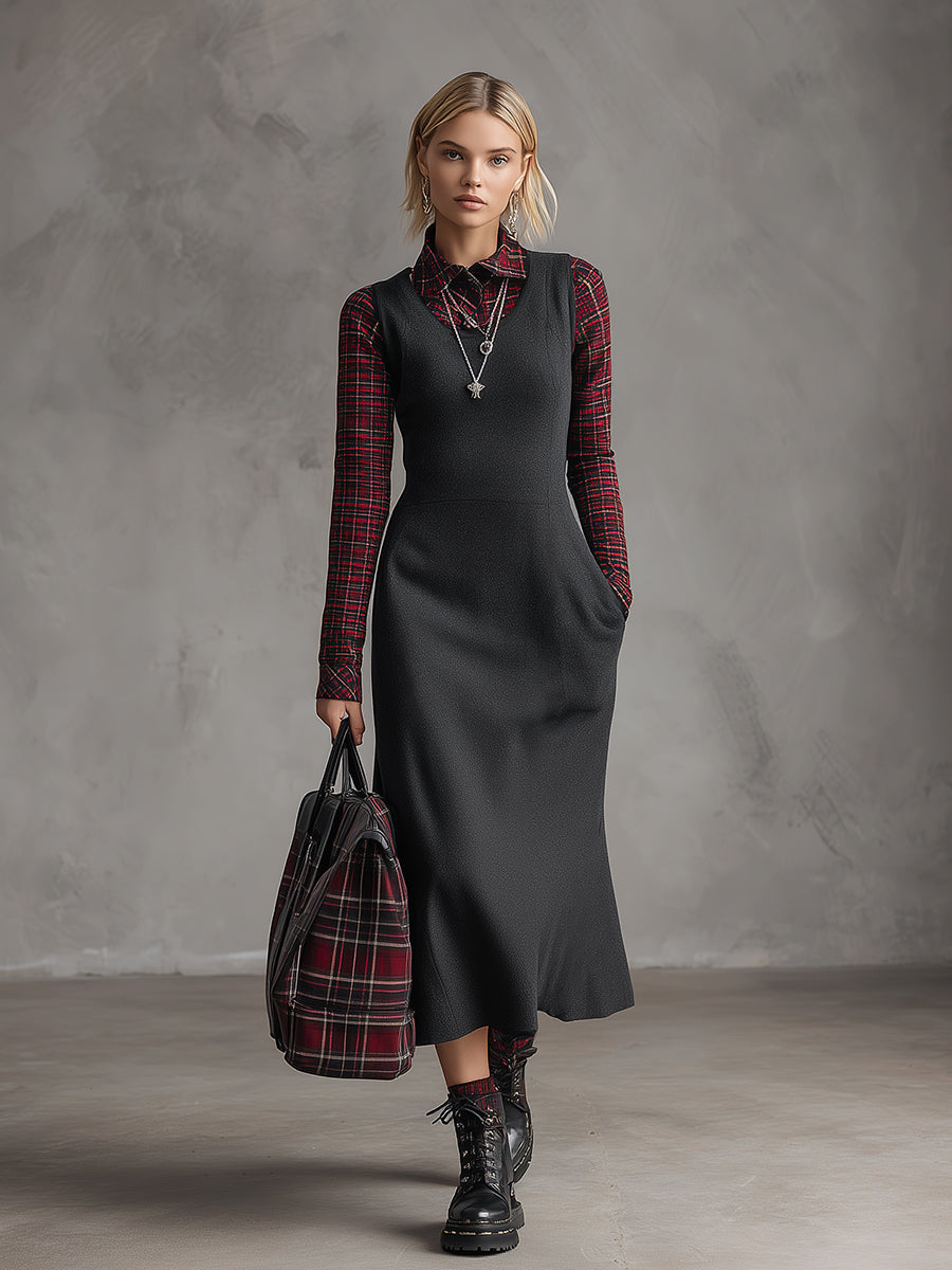 Retro Preppy Style Sporty Dark Gray Sweatshirt Patchwork Red Plaid Midi Dress