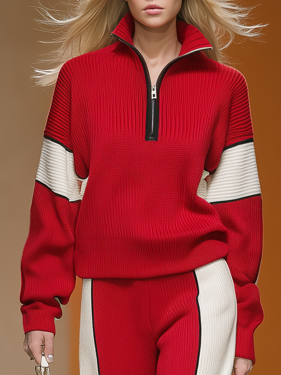 Retro Sports Style Contrast Color Knit Top And Pants Set