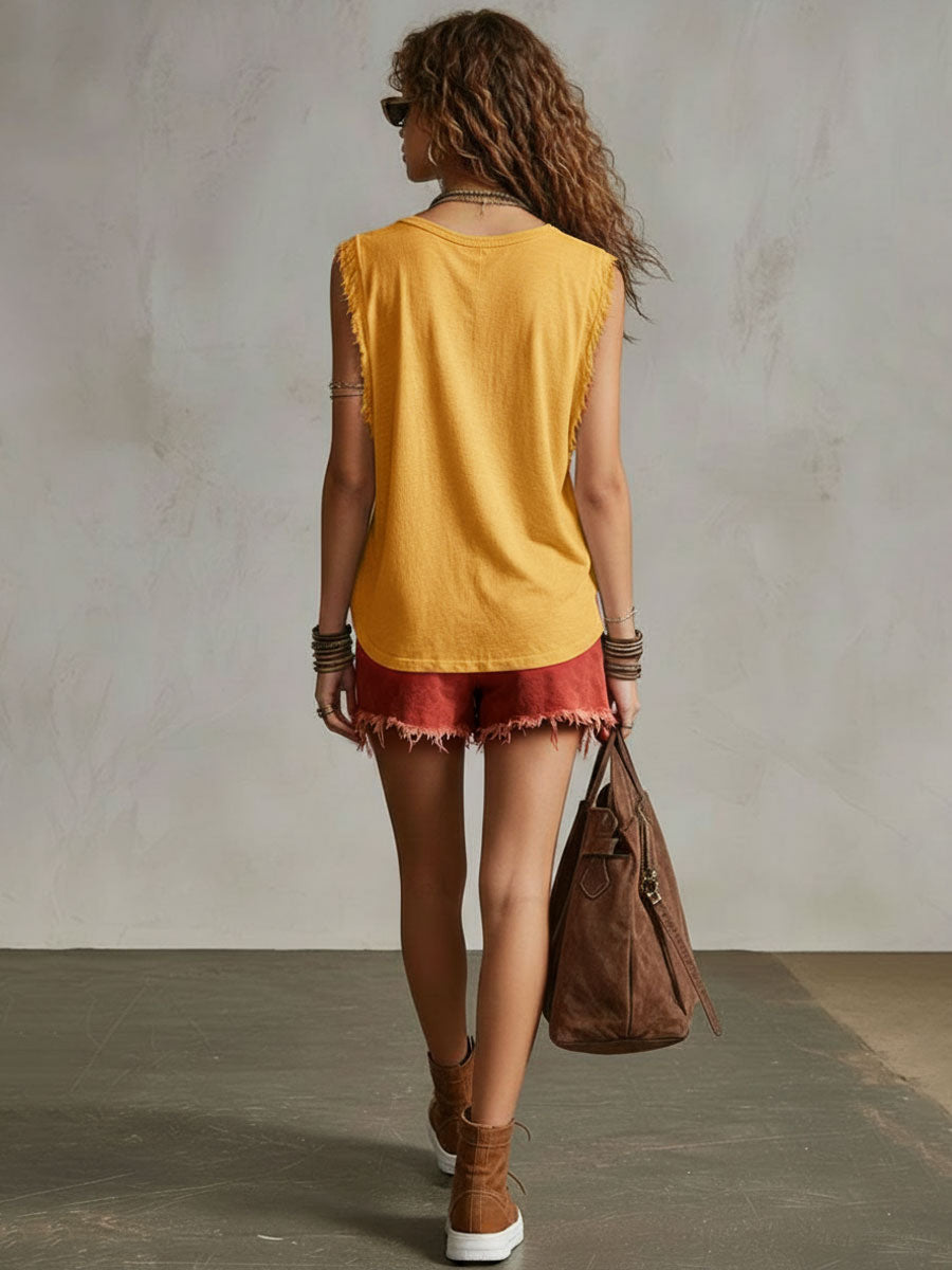 Western Retro Creamy White Cotton V-Neck Sleeveless Frayed Edge Top