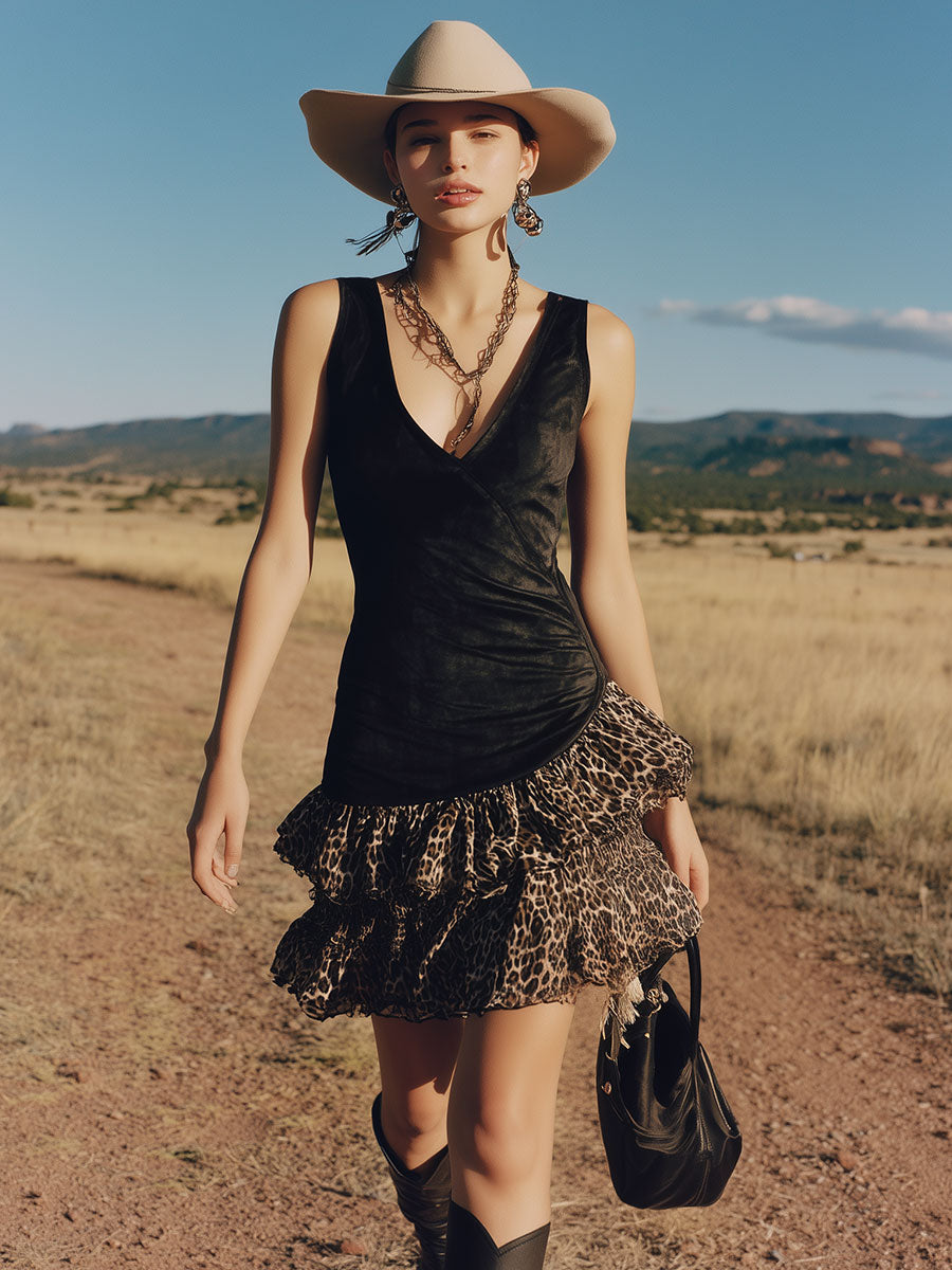 Western Retro Leopard Print Chiffon Ruffled Black V-Neck Faux Suede Mini Dress