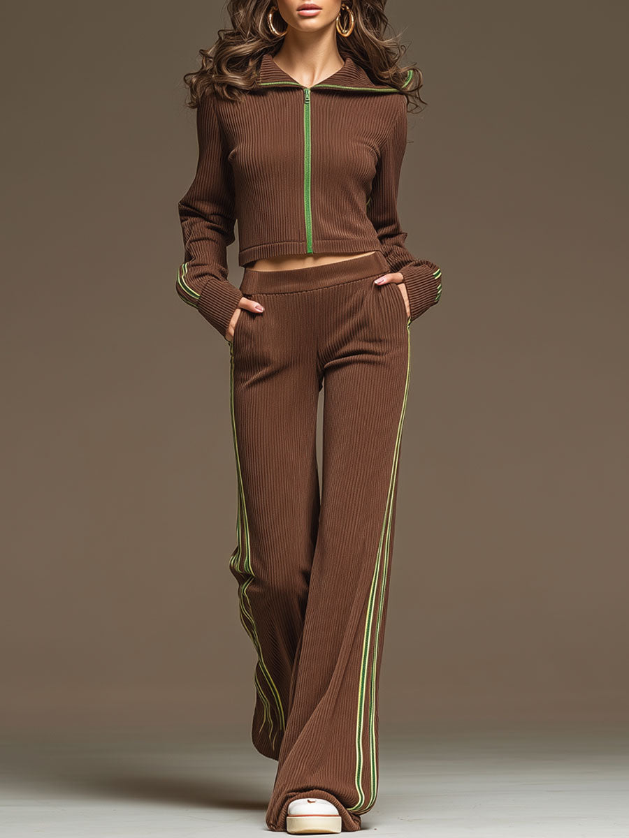 Sporty Retro Green Ribbon Brown Knit Top And Wide-leg Pants Set