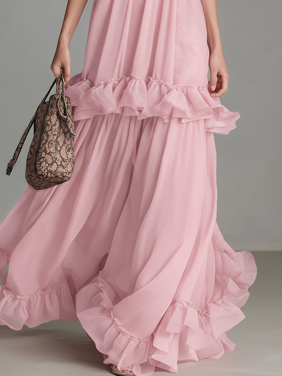 Romantic And Stylish Off-the-shoulder Chiffon Ruffle Detail Maxi Dress