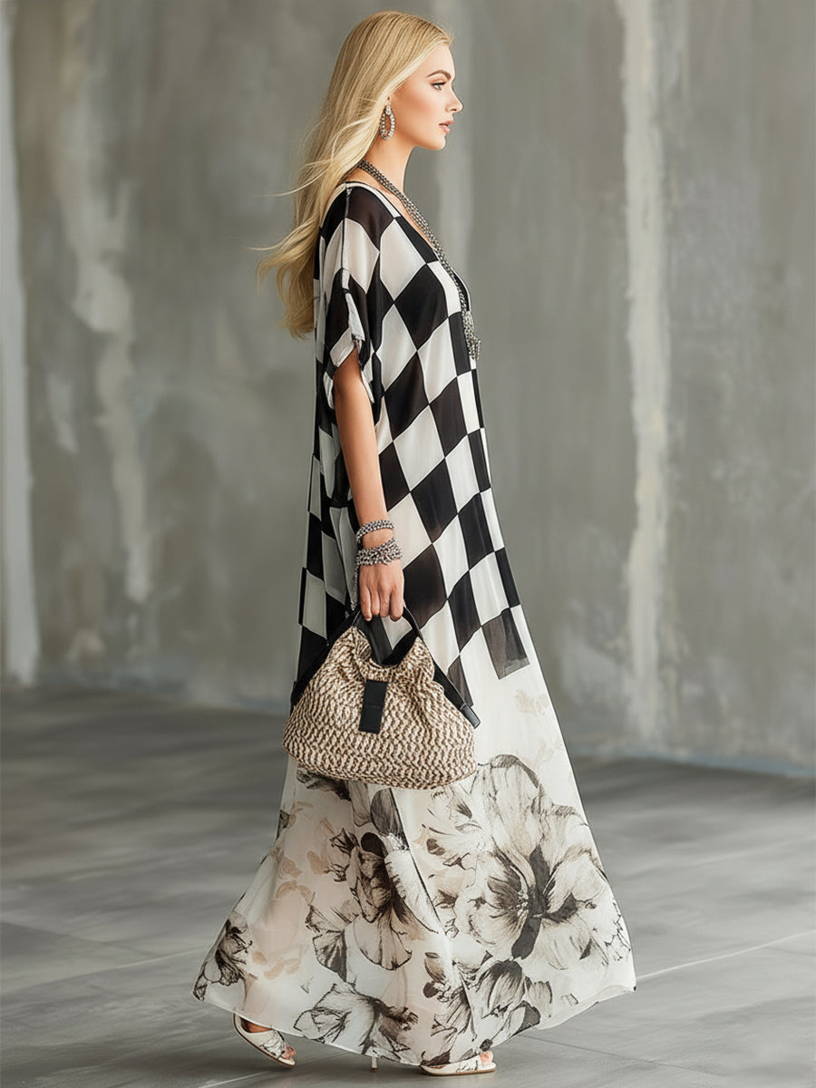 Stylish And Modern Checkered Floral Print Chiffon Short-sleeved Maxi Dress