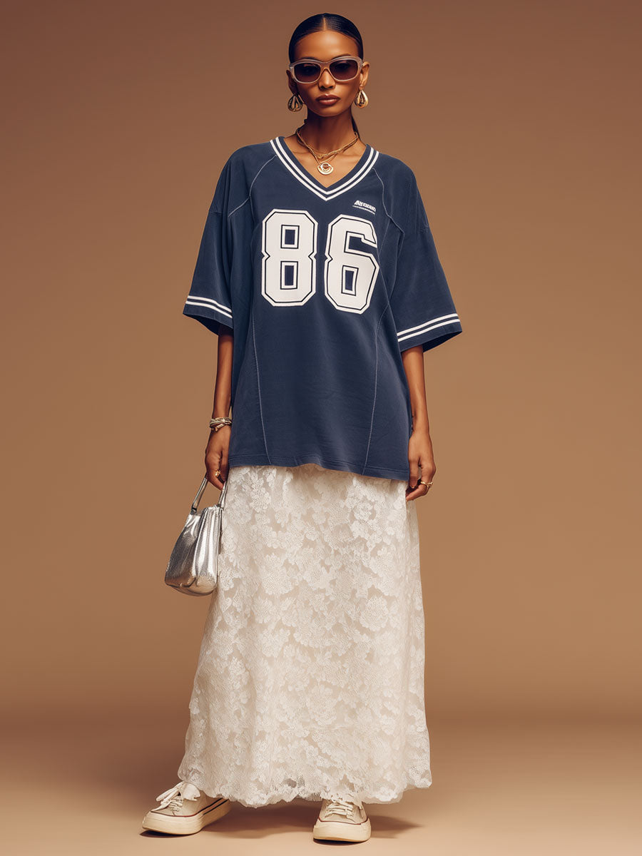 Sporty Retro Letter Short-Sleeve Dark Blue Cotton T-Shirt And Lace Skirt Set