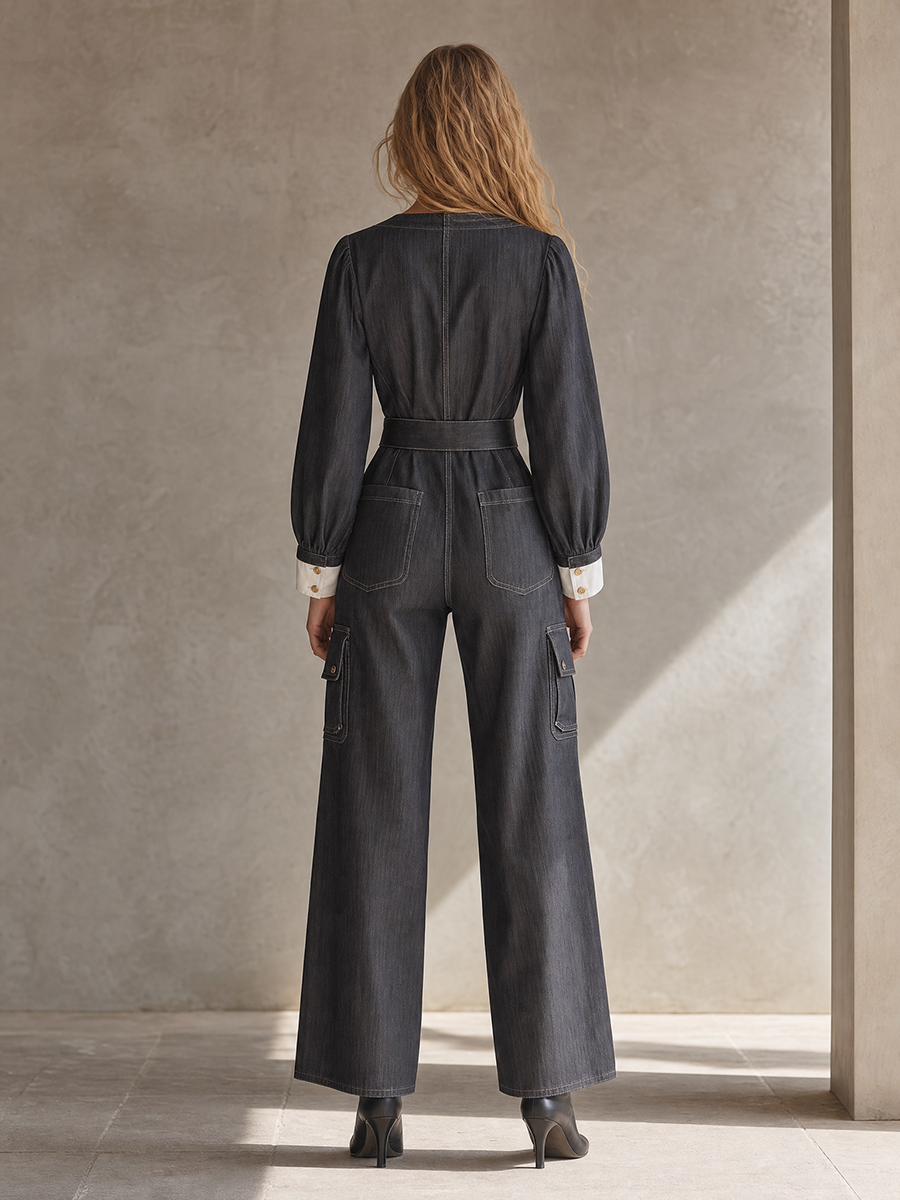 Retro Striped Deep-v Double-breasted Wide-leg Denim Jumpsuit
