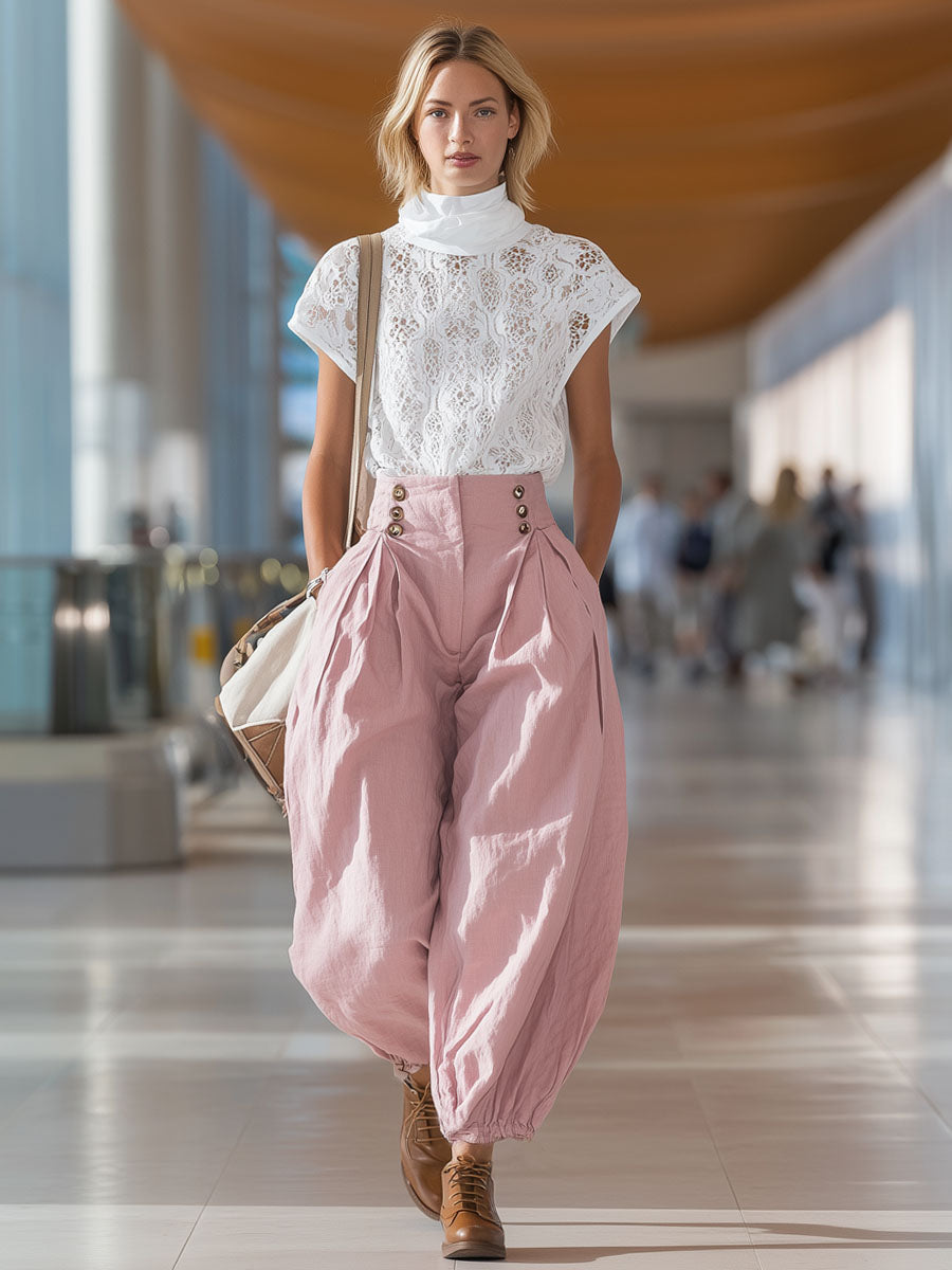 Pink Cotton And Linen Balloon Pants