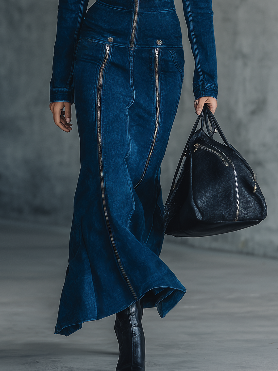 Chic Western-style Stand-up Collar Front Zipper Denim Maxi Dress