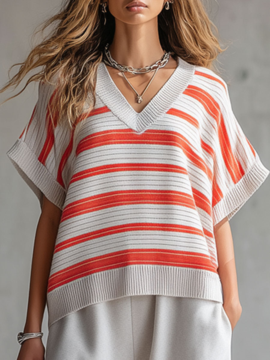 Retro Striped Knit Short-sleeved Shirt And Gray Pants Set