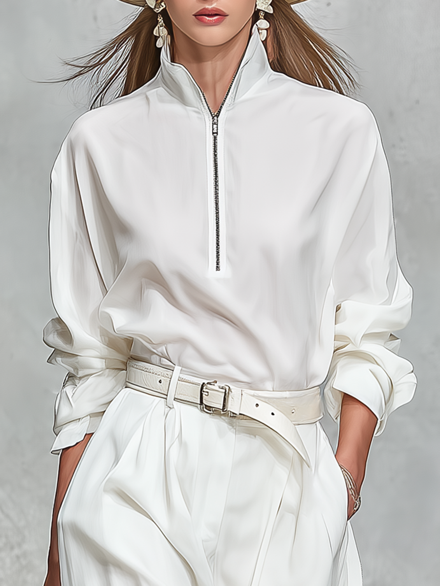 Elegant High-quality Zip-up Collar Long-sleeved Shirt And Wide-leg Pants Set
