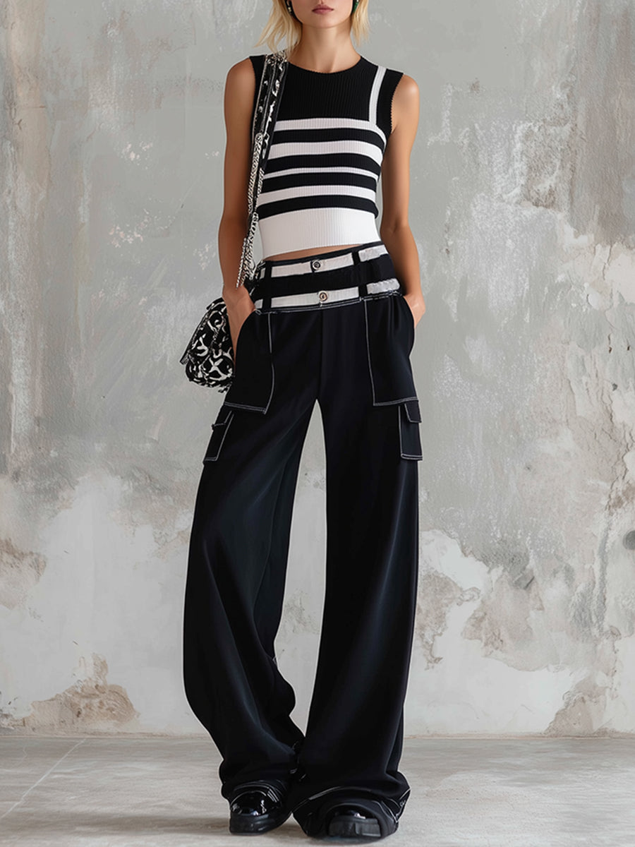 Stylish Sporty Black Striped Knit Vest Cotton Wide-Leg Pants Set