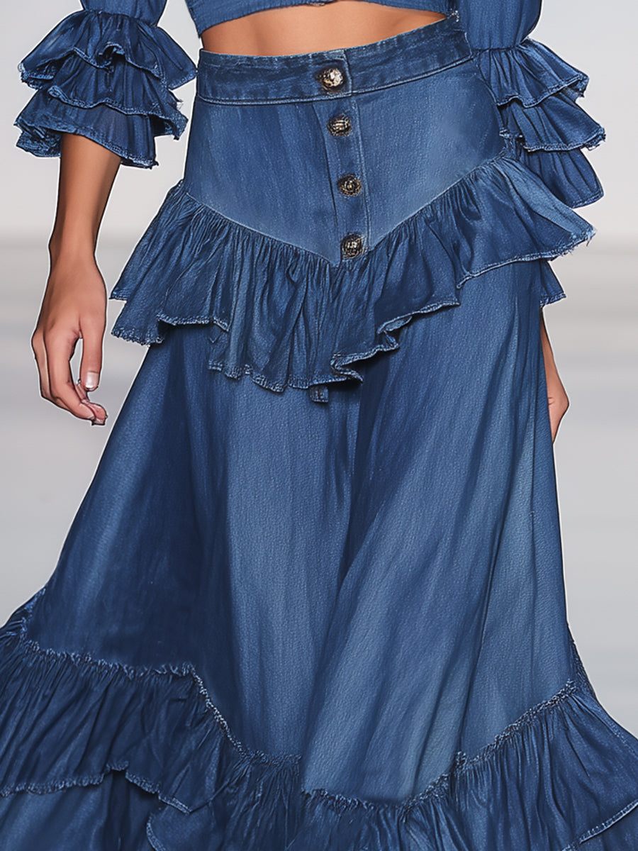 Elegant And Stylish Ruffle Trim Denim Skirt