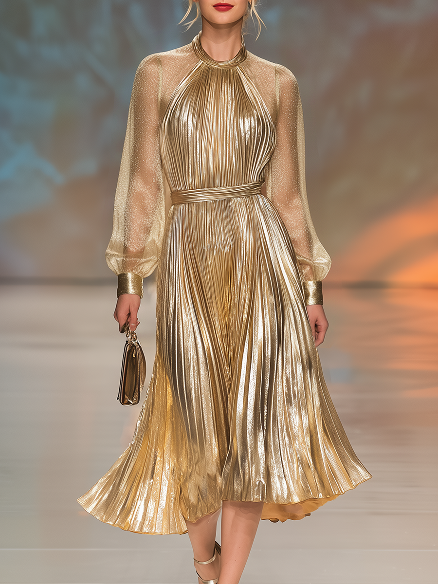 Elegant Stylish Round Neck Pleated Midi Dress