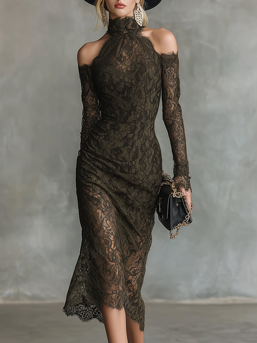 Retro-elegant Green Slightly Stretchy Lace Off-shoulder Long-sleeved Midi Dress