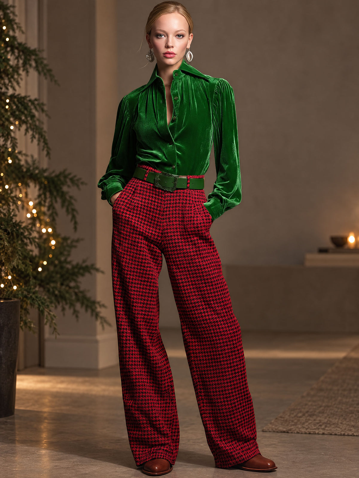 Retro Green Velvet Pleated Long-sleeved Shirt And Houndstooth Wide-leg Pants Set