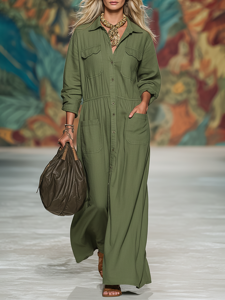 Retro Casual Loose Solid Color Multi-pocket Maxi Dress
