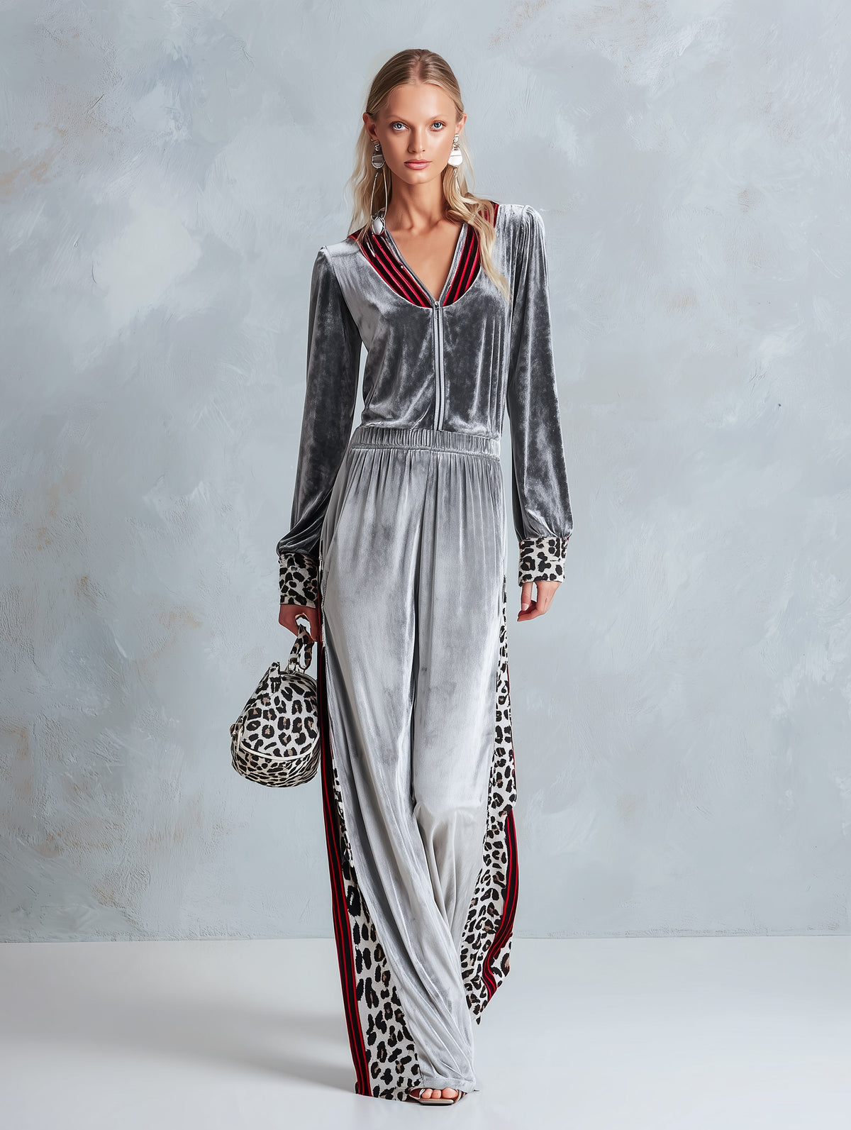 Chic Casual Striped & Leopard-Trimmed Grey Velour Jumpsuit