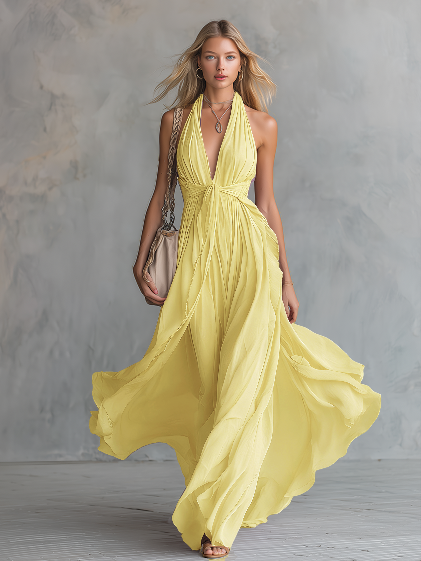 Elegant And Stylish Halter Neck V-neck Sleeveless Chiffon Maxi Dress