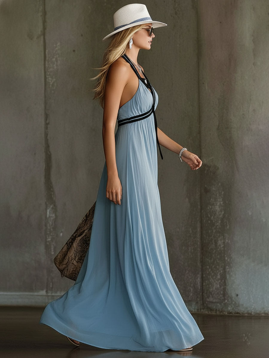 Chiffon Color-blocked Strapless Sleeveless Maxi Dress