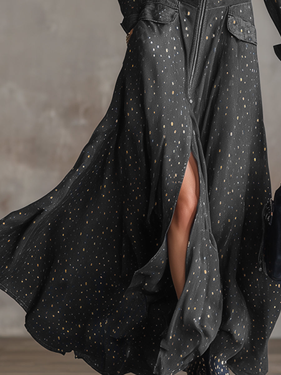 Elegant Polka Dot Gold Foil Gray Tencel Denim Maxi Dress