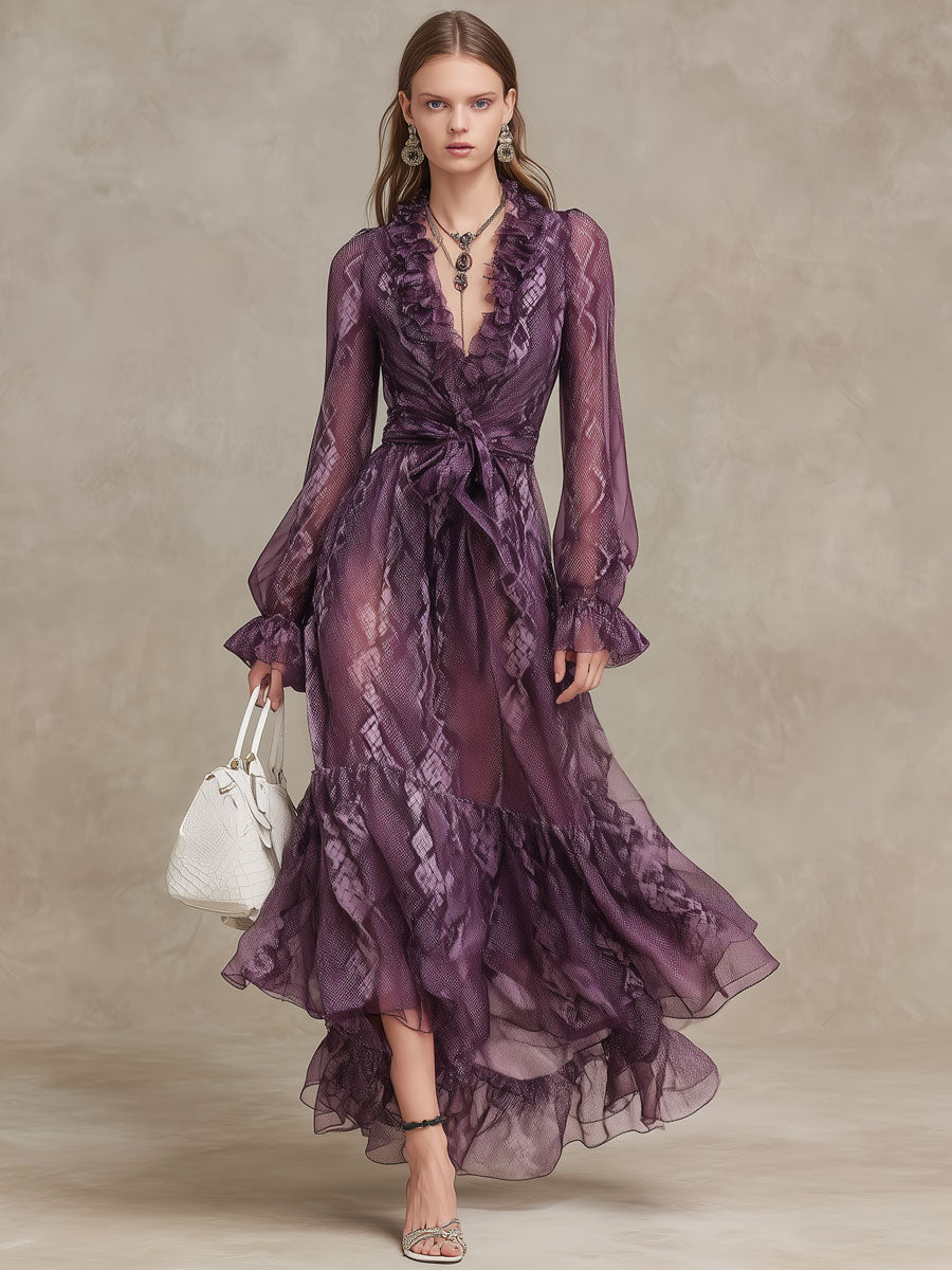 Western Retro Long-Sleeved Snake Print Purple Chiffon Ruffle Maxi Dress