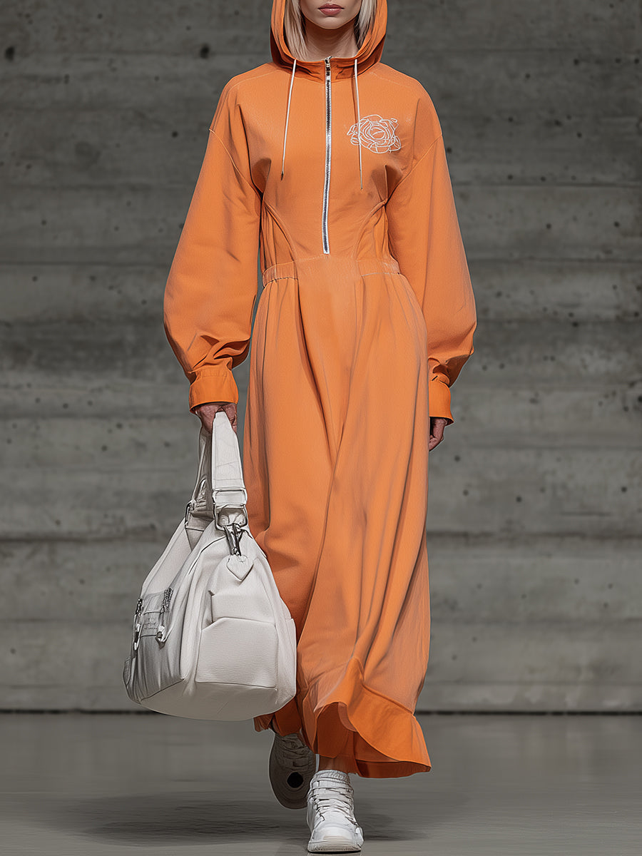 Casual Orange Hooded Zip-up Maxi Dress With Rose Embroidery