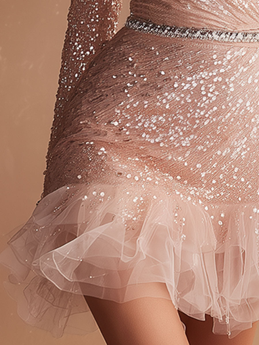 Stylish And Elegant Mesh Pink Sequined V-neck Mini Dress
