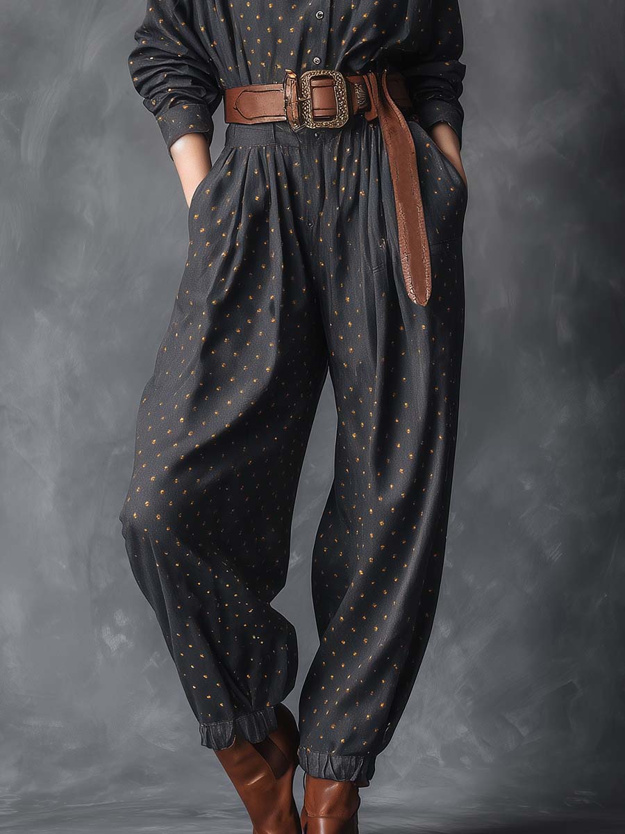 Vintage Fashiona Lapel Front Button Gold-plated Silver Polka Dot Pattern Dark Gray Denim Jumpsuit