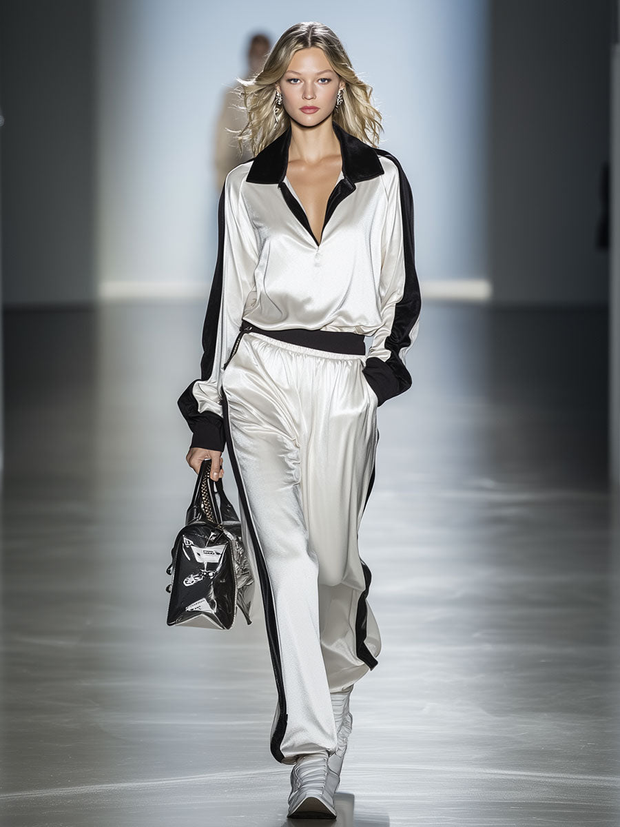 Stylish Black And White Color-blocked Velvet Top And Pants Set