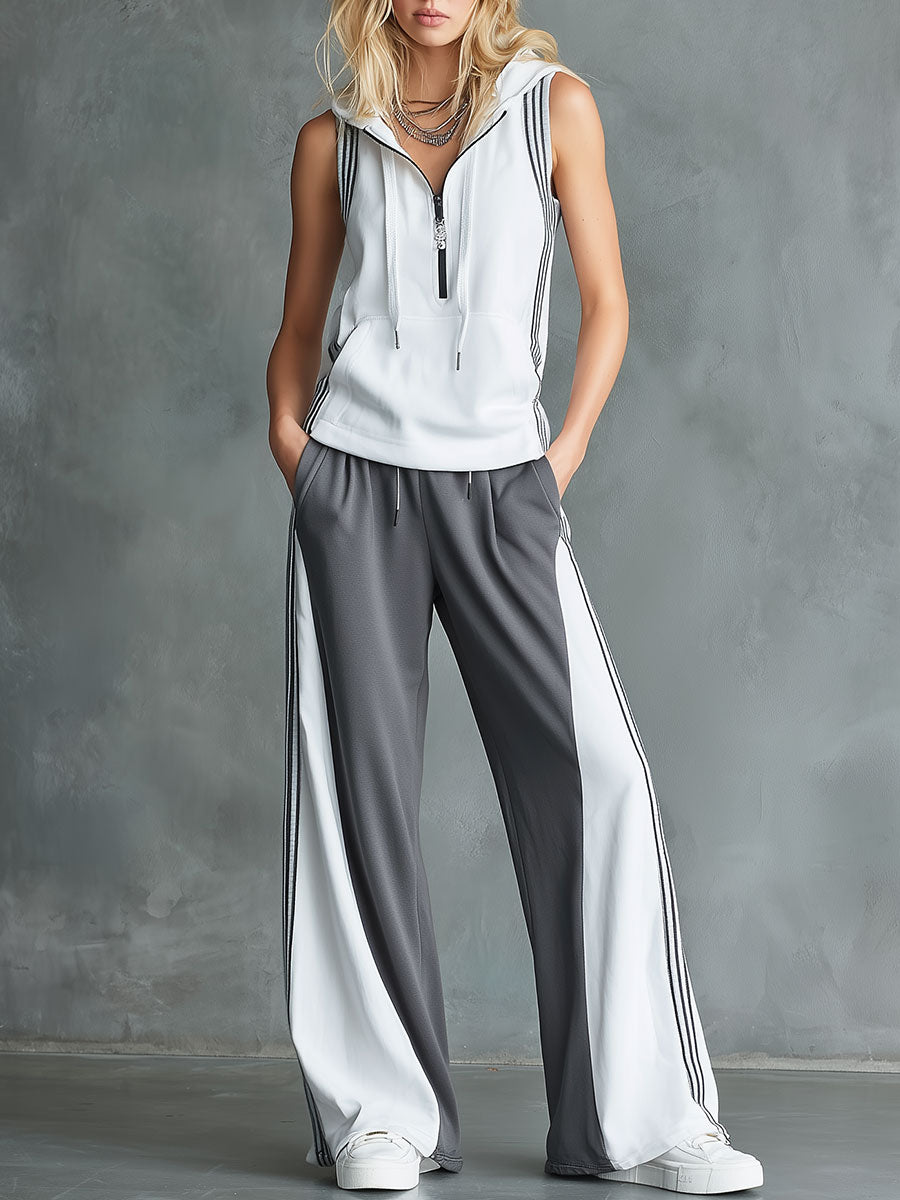 Casual Sporty Color-Block Hooded Sleeveless Top And Wide-Leg Pants Set
