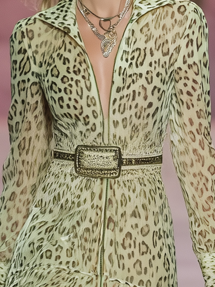 Fashionable Green Chiffon Leopard Print Zipper Mini Dress