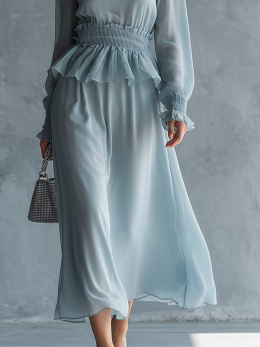 Stylish And Elegant High-neck Long-sleeved Ruffled Chiffon Midi Dress