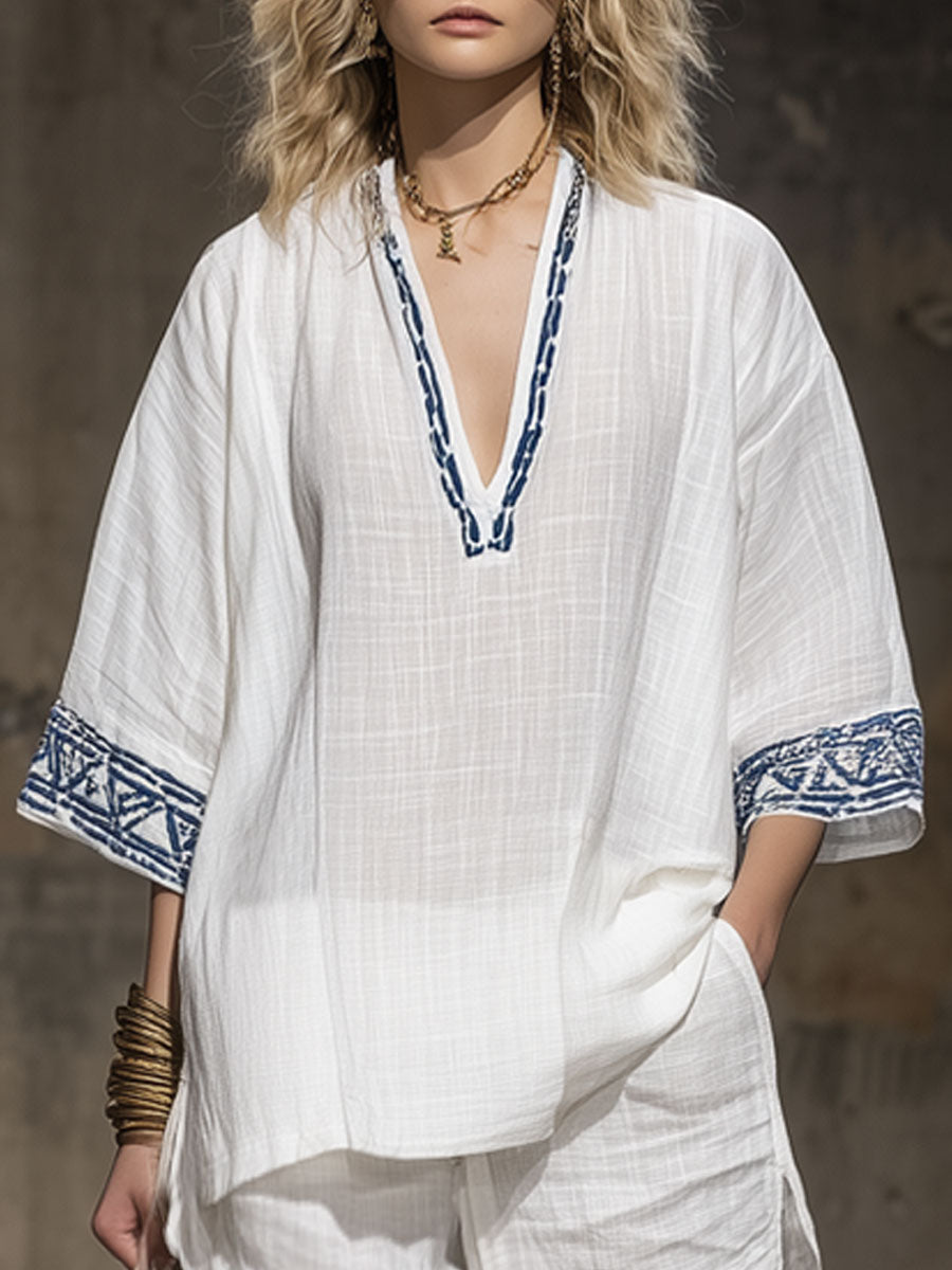 Bohemian Embroidered White Cotton And Linen Short-sleeved Shirt And Shorts Set