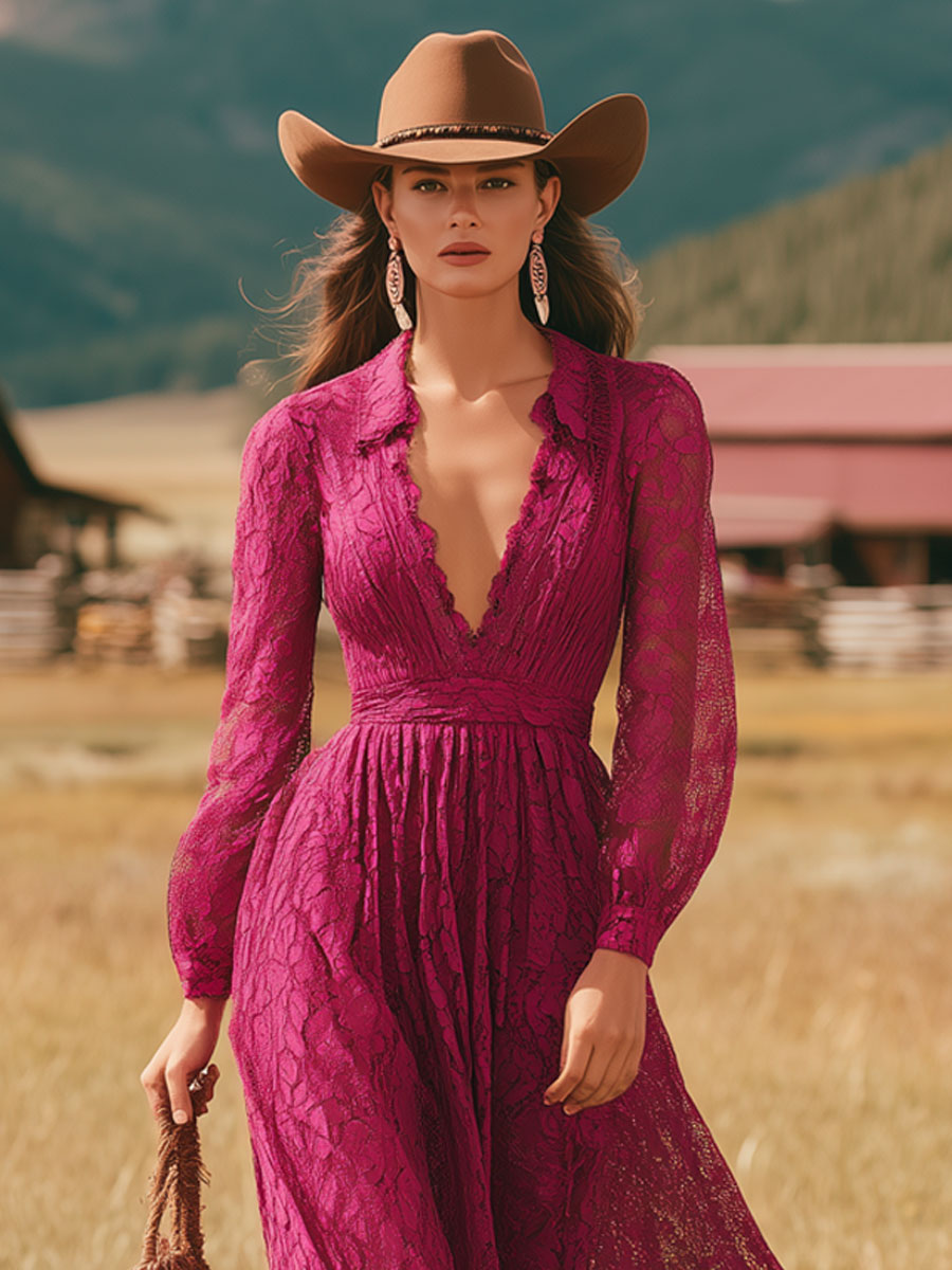 Western Retro V-neck Rose Red Lace Long-sleeved Midi Dress