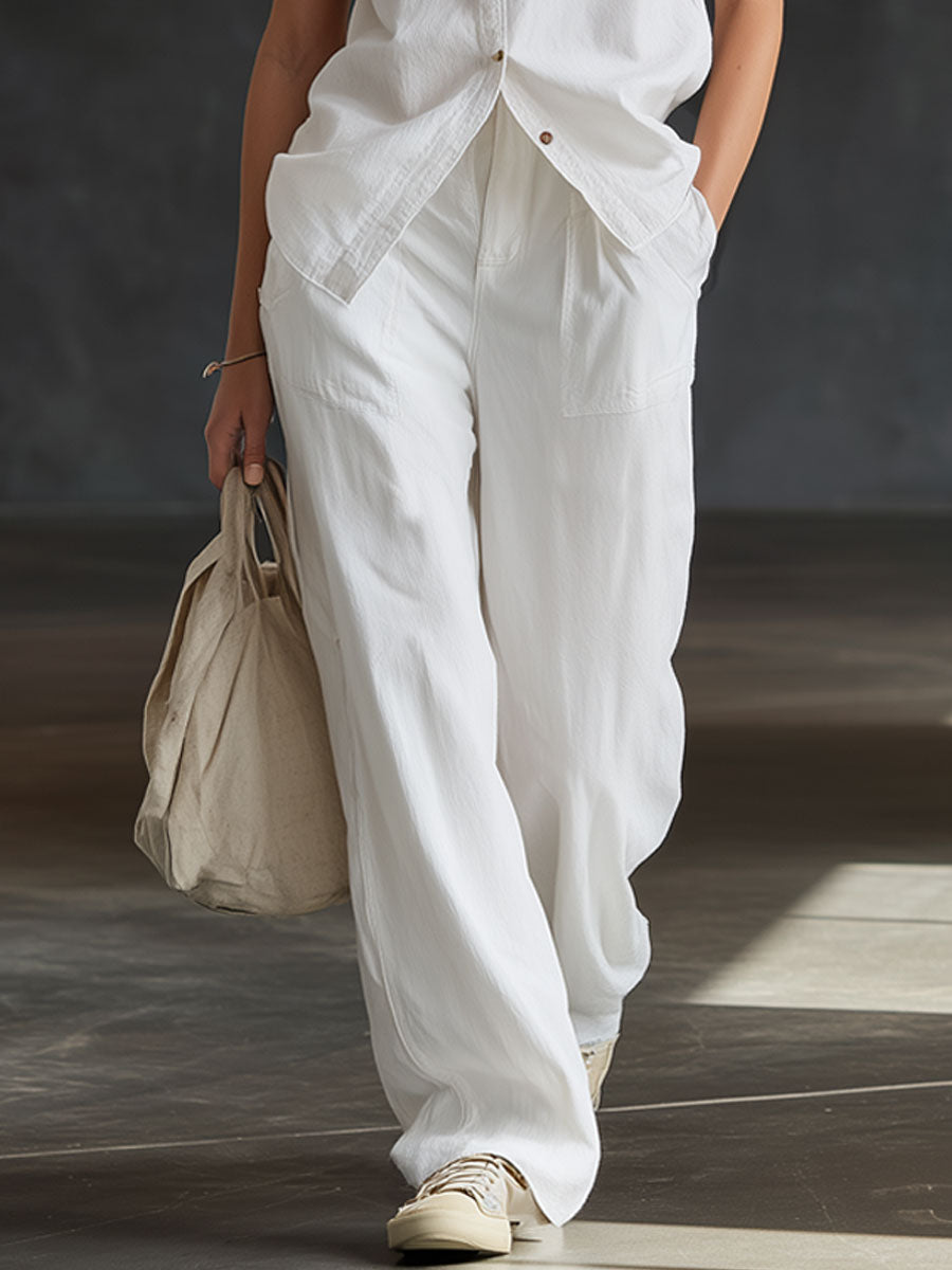 Casual Retro White Cotton Linen Sleeveless Lace Shirt And Wide-leg Pants Set