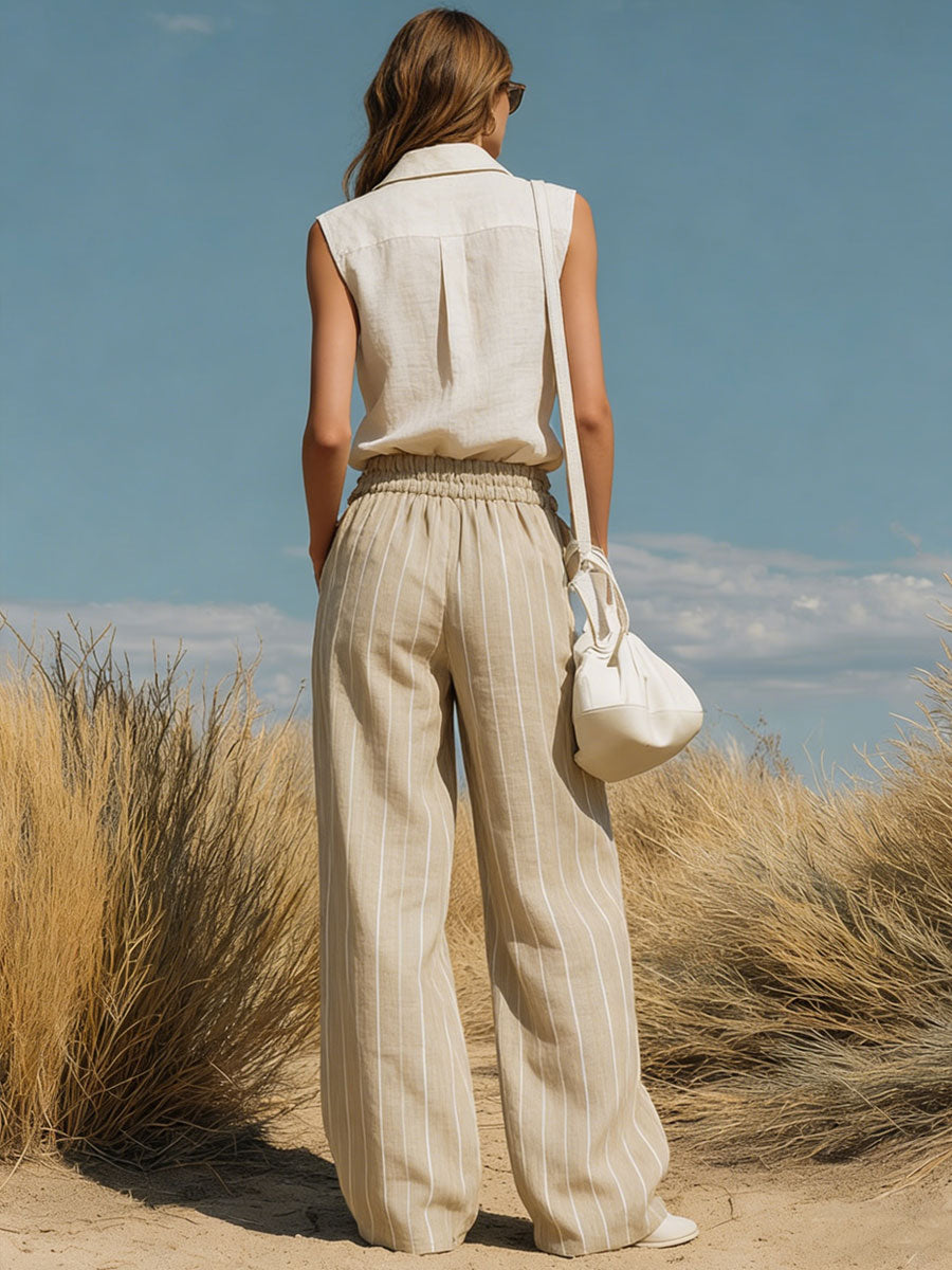 Casual Retro Cotton And Linen Sleeveless Shirt And Khaki Striped Wide-leg Pants Set