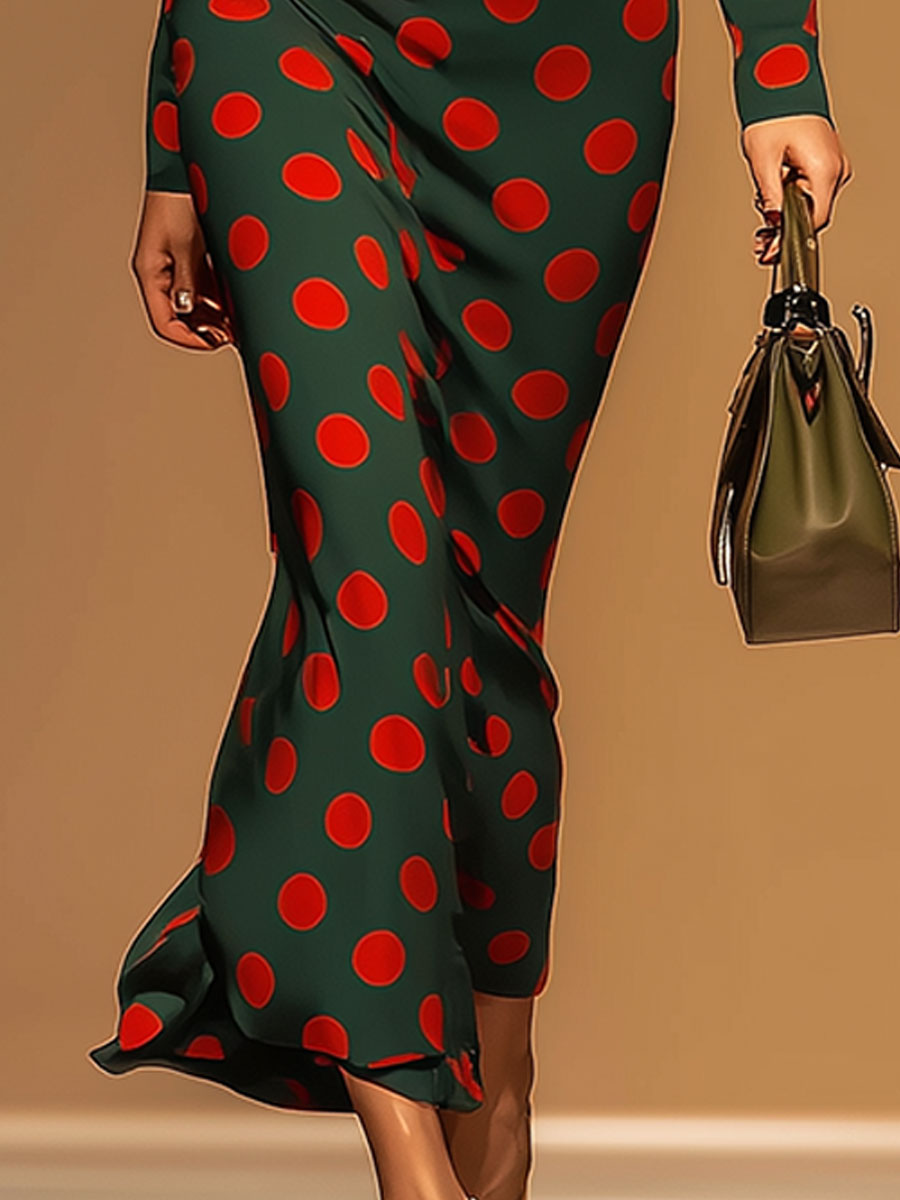 Retro Casual Red Polka Dot Green Half-zip Maxi Dress