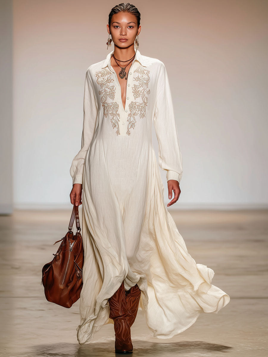 Lapel Half-open Button Cotton Linen Embroidered Long-sleeved Maxi Dress