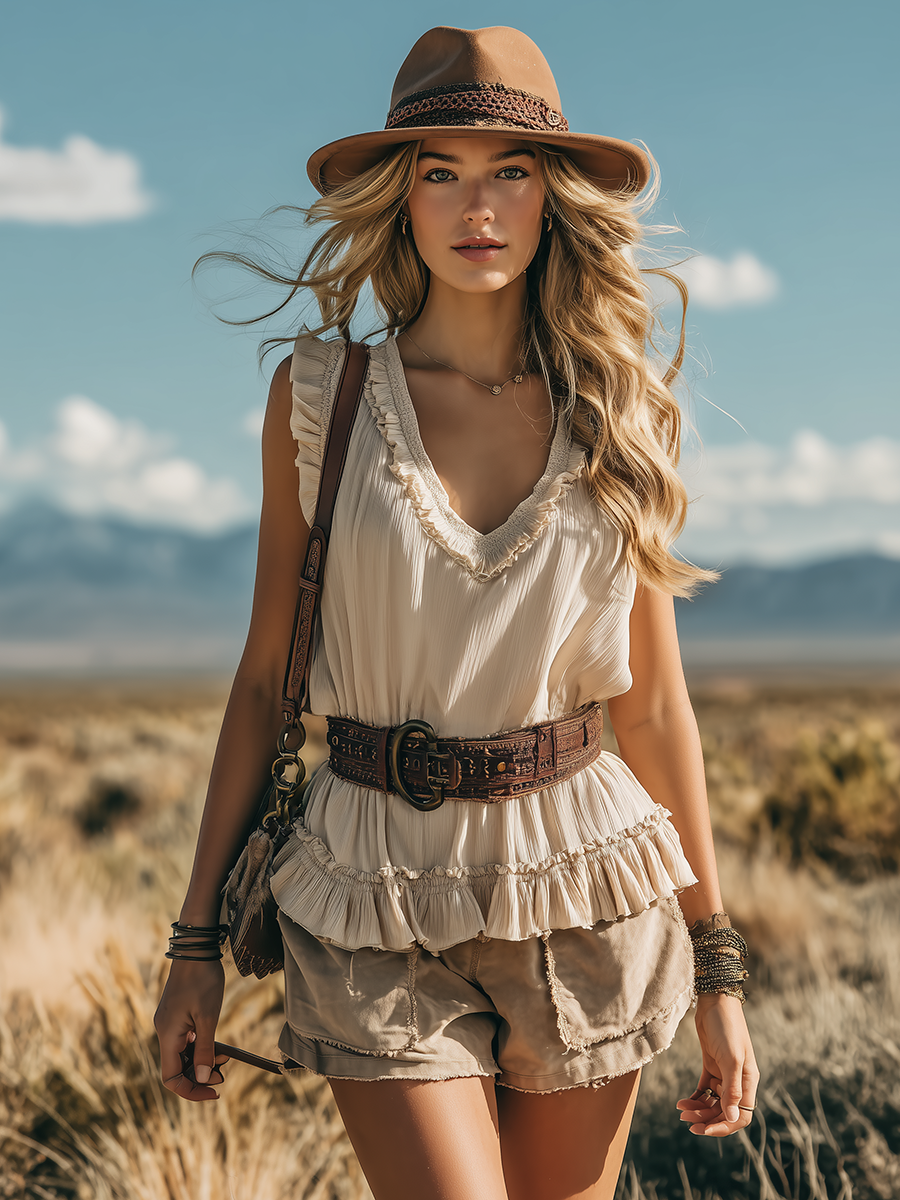Western Bohemian Style V-neck Sleeveless Ruffled Chiffon Top