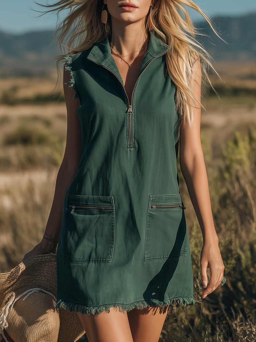Fashionable Retro Collared Sleeveless Frayed Zipper Denim Mini Dress