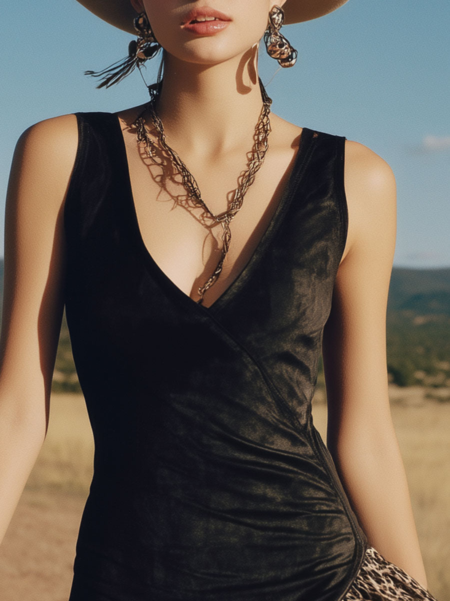 Western Retro Leopard Print Chiffon Ruffled Black V-Neck Faux Suede Mini Dress