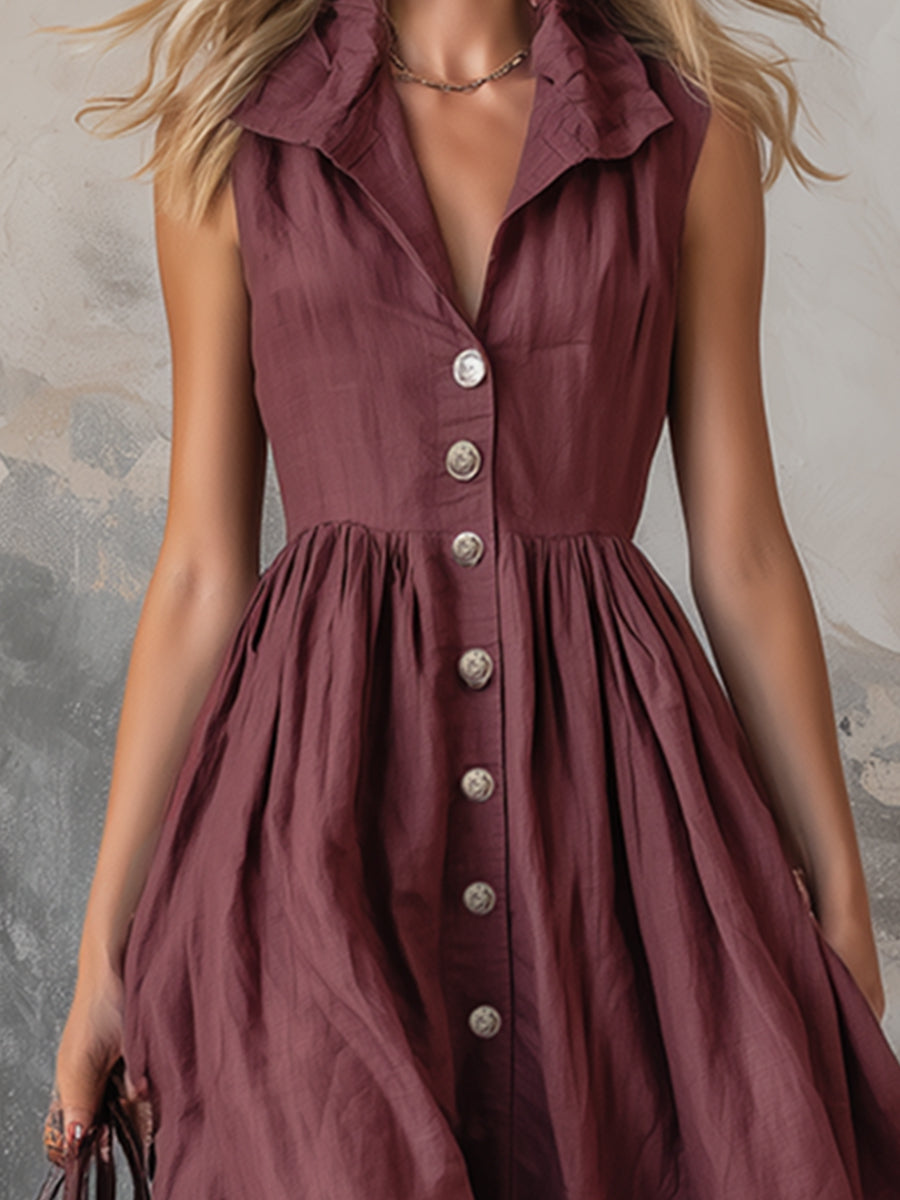Elegant Zinfandel-colored Cotton And Linen Sleeveless Maxi Dress
