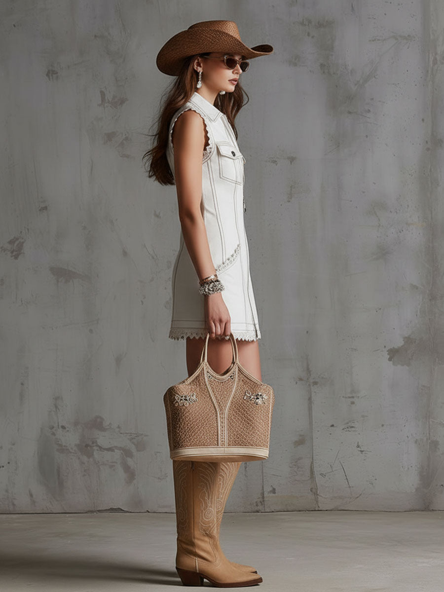 Western Retro White Denim Lace Sleeveless Mini Dress