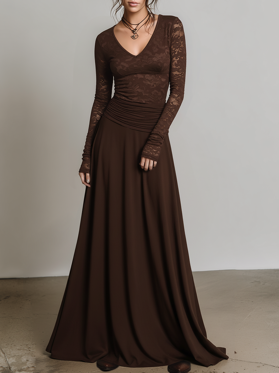 Retro Elegant V-neck Lace Maxi Dress