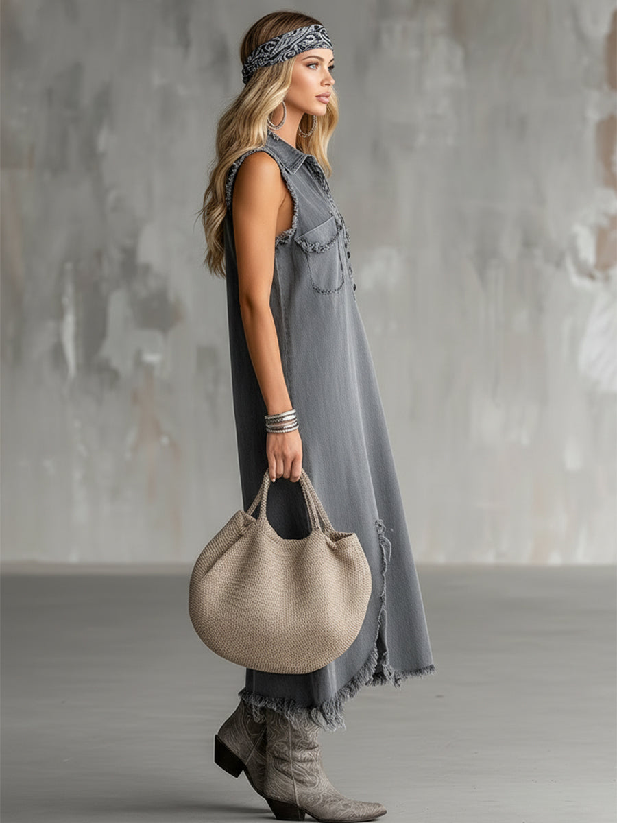 Stylish And Unique Dress With Frayed Irregular Hem Gray Denim Sleeveless Midi Dress