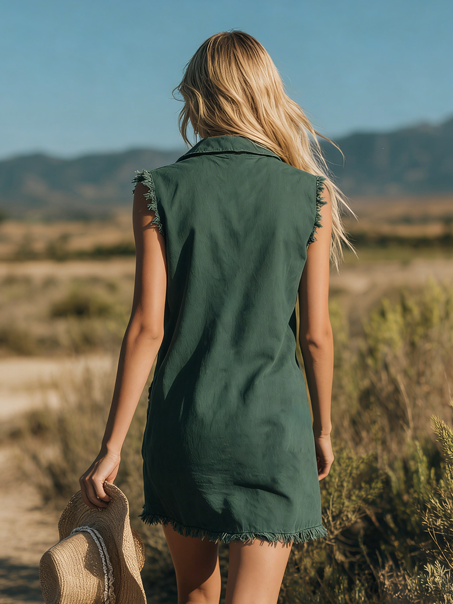 Fashionable Retro Collared Sleeveless Frayed Zipper Denim Mini Dress