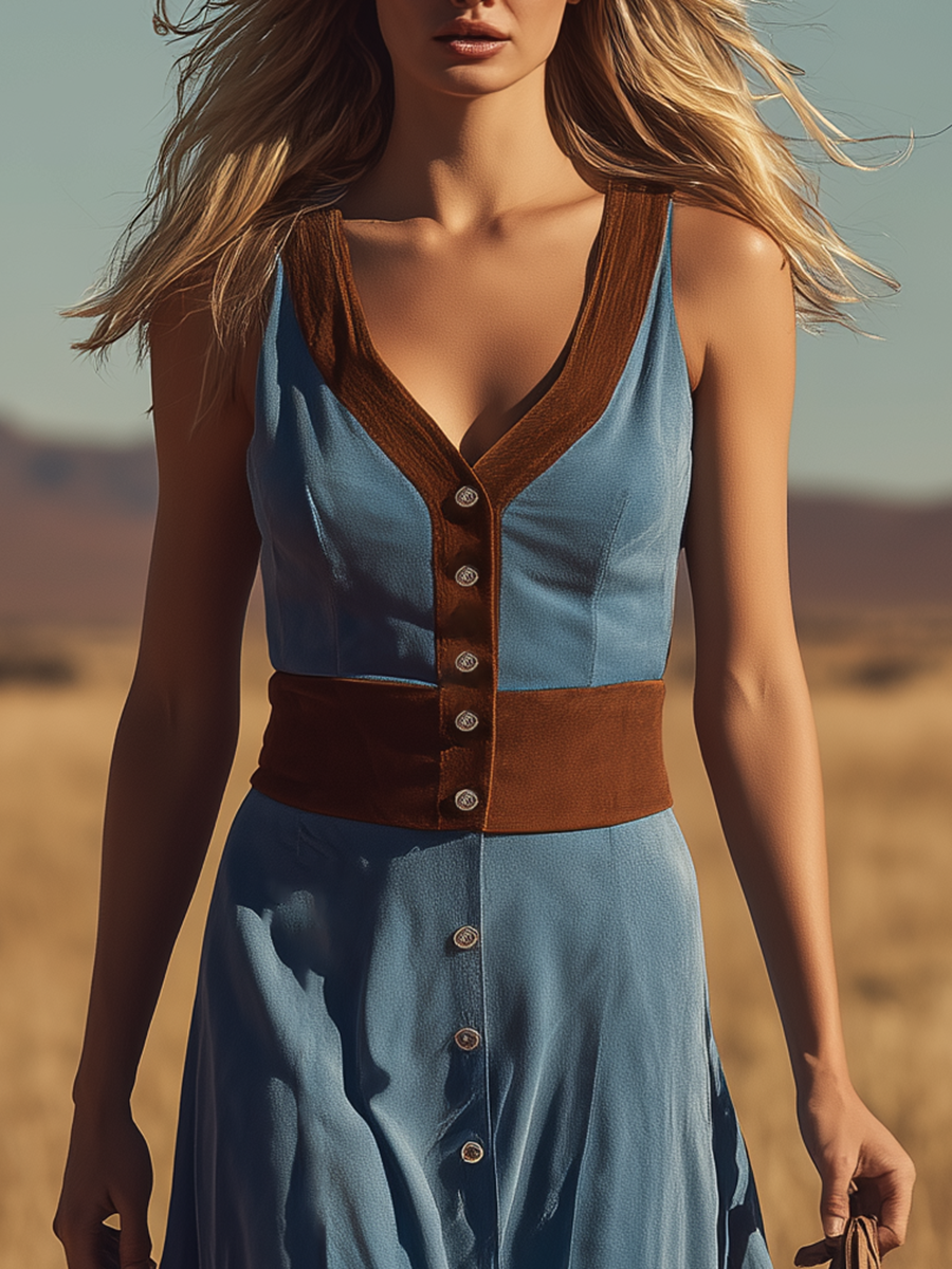 Western Bohemian Style V-neck Button-down Sleeveless Fringed Suede Maxi Dress